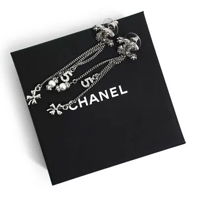 CHANEL Earrings CC No5 Clover Fake Pearl Rhinestone COCO Swing Silver Metal • $1938.40