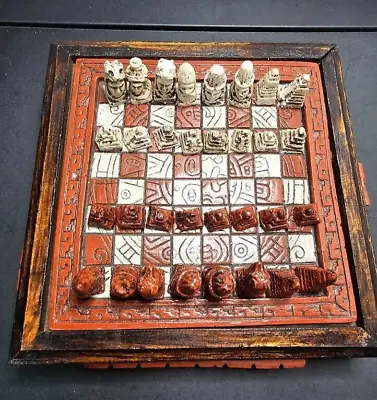 Vintage Mayan Aztec 7  Board Stone Wood Chess Set Handmade Red Drawer • $45