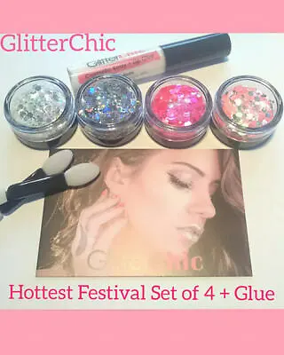 £5.89 • Buy Chunky Mixed Festival Glitter Set Of 4 Pots + 1 Glue Face Eye Body Cosmetic