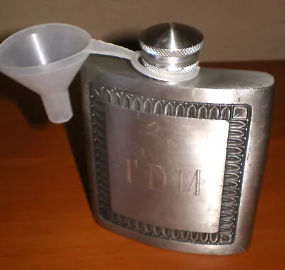 Vintage Kings PEWTER Screw Cap Hip FLASK + Funnel * Monogram TDM * Thailand 2 Oz • $9.95