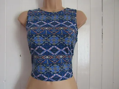 New Look Blue Tribal Print Stretch Jersey Crop Top - Size 12 • $3.70