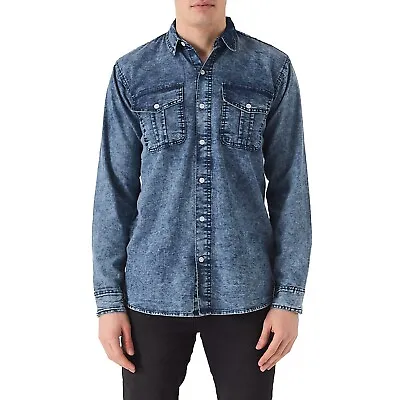 Mens Blue Acid Wash Shirt Long Sleeve Modern Slim Fit Formal Casual All Sizes UK • £23.99