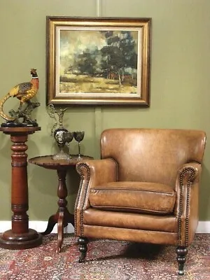  As New  Cigar Brown Leather Armchair ~ Stud Trim Rolled Arms Classic Style • $1200