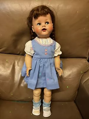 Vintage 1950’s Ideal Saucy Walker Doll 22” Brown Hair Blue Dress Untested • $60