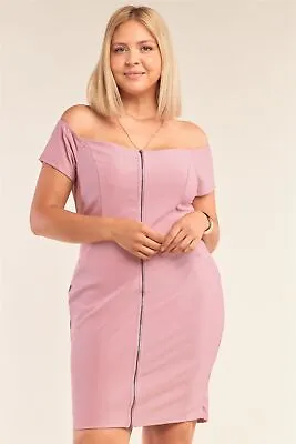 $20.99 • Buy Plus Size Fitted Off-the-shoulder Front Zipper Bodycon Mini Dress Pink