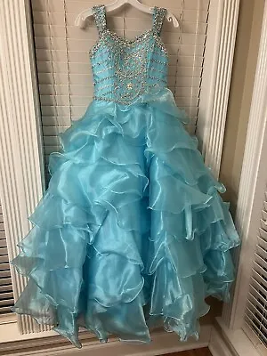 Little Rosie Kids Girls Size 10 Beaded Glitz Long Pageant Dress Turquoise Blue • $299.99