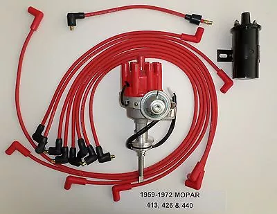 MOPAR 440 59-72 Small Female HEI Distributor + RED Spark Plug Wires + BLACK COIL • $154.55