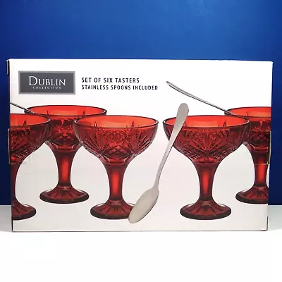 Shannon By Godinger Dublin Red Crystal Tasters Set Of 6 Coupe Glasses And Spoons • $29.95