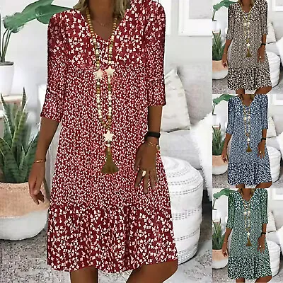 UK Women Summer Beach Boho Sundress Ladies Holiday V Neck Floral Dress Size 6-24 • £11.99