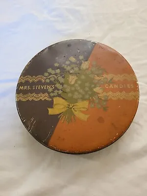 Vintage- MRS STEVENS - HOME MADE CANDIES TIN - CHICAGO ILL - Brown Gold Floral • $10