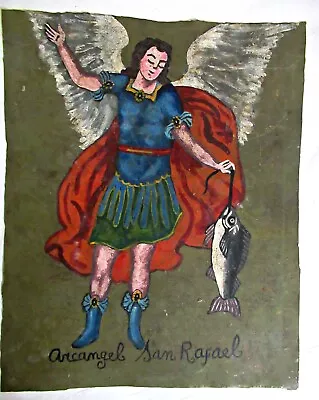 ANTIQUE OLD C. 1920 HP MEXICAN PAINTING On TIN RETABLO ARCHANGEL SAN RAFAEL • $68.50