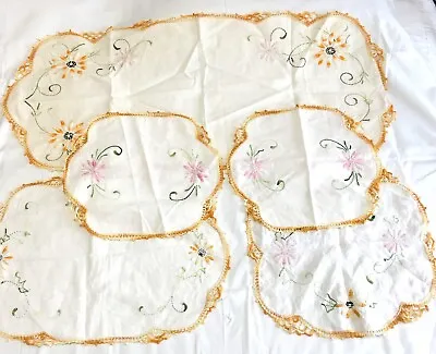 SPRING FLOWER Table Runner OVAL Embroidered Yellow Pink VTG Granny Core Scarf • $8