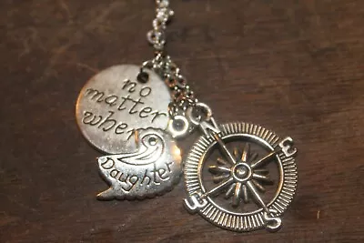 Vintage Silver Tone Necklace With Pendants Compass Rose No Matter Where  • $5