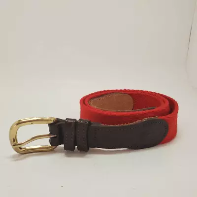 VTG Lacoste Men's Red Canvas Brown Leather Brass Buckle Belt 36 • $25