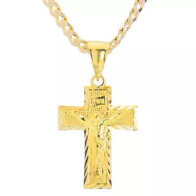 Hip Hop Gold Plated Jesus Cross Pendant 20  Cuban Chain Necklace MPG 046 G • $11.99
