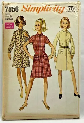 1968 Simplicity Sewing Pattern 7856 Womens Dress 2 Seeves Size 16 Vintage 8755 • $20