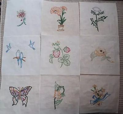 9 Vintage 6  Embroidered Quilt Squares - Floral Designs Butterfly And Bluebird • $23.99