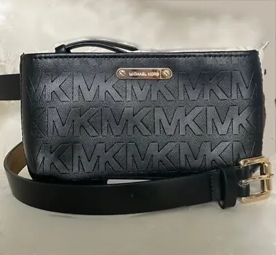 Michael Kors Goldtone MK Black Leather Waist Bag Fanny Pack Purse S/M Belt $78 • $42