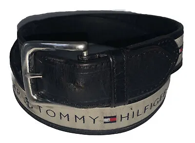 Tommy Hilfiger Mens Fabric Inlay Logo Leather Belt Silver Buckle Black 34 • $14.99