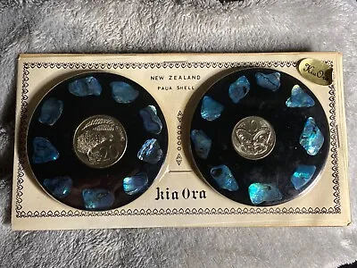 NOS--2 New Zealand Paua Shell Coasters W/ 20 & 10 Cent Coins 1970s • $19.95