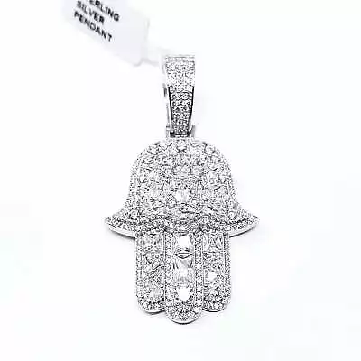 Real 925 Sterling Silver Hand Of God Hamsa Iced Hip Hop CZ Pendant Necklace • £85.48