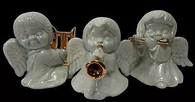 Vintage Ceramic Angel Figurine Musical Trio Set Hand Painted Harp Flute Trumpet • $9.80