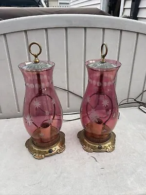 VINTAGE Pair Etched Cranberry Glass Boudoir Hurricane Lamps • $139.97