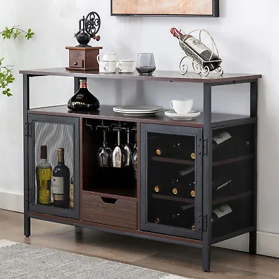 Brown 43 Industrial Wine Bar Cabinet Liquor Glasses Wine Rack Table Home Kitchen • $179.99