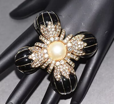 Luscious CINER Black ENAMEL Pearl Rhinestone MALTESE Cross Brooch/Pendant • $298