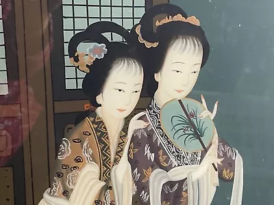 Vintage Asian Chinese Reverse Painting On Glass Two Geisha Women Hand Crafted • $149