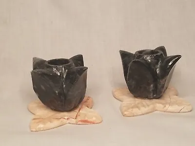Vintage Black Marble Tulip  Taper Candle Holders With 4 Leaf Peach Marble Base  • $20