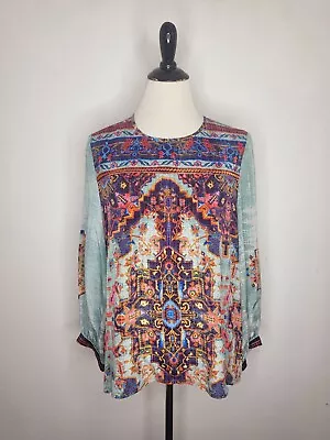 VINEET BAHL Anthropologie Prudence Boho Geometric Blouse Motif Blue Size Medium • $39