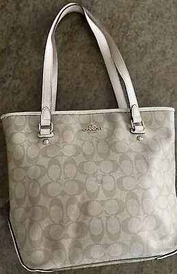 Coach Zip Top Tote Purse Canvas Logo Khaki Chalk  F58294 • $25