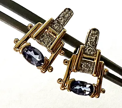 14K Solid Yellow Gold Laura Ramsey Signed LR Diamond Tanzanite Ladies Earrings • $395