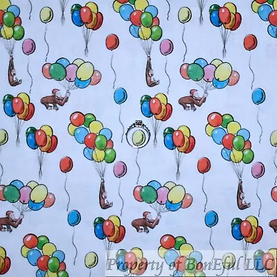 BonEful Fabric Cotton Quilt White Curious George Monkey Birthday Balloon 1 SCRAP • £0.64