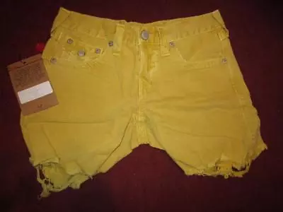 Size 26 NWT TRUE RELIGION Jayde Freyed Hem GOLDEN POPPY Denim Shorts • $74.99