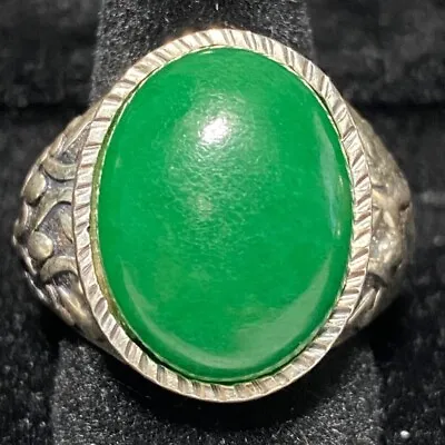 Ring Jadeite Size 8 Vintage Relief Design Jewelry Sterling Silver Tested • $325