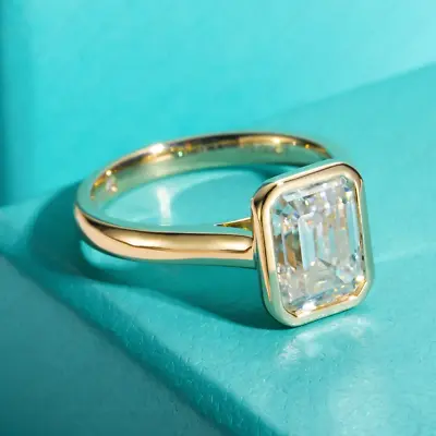 2.19Ct 9x7mm Emerald Cut Moissanite Bezel Engagement Ring Solid 14K Yellow Gold • $628.09
