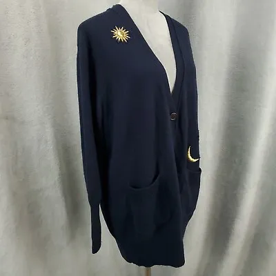 J Crew Cardigan Womens Medium Blue Moon And Stars Button Up Wool Blend Sweater • $13.84