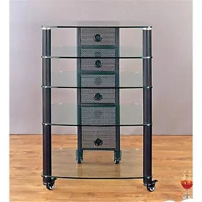 VTI Manufacturing NGR405BW Black Poles 5 Clear Glass Shelves AV Stand • $560.25