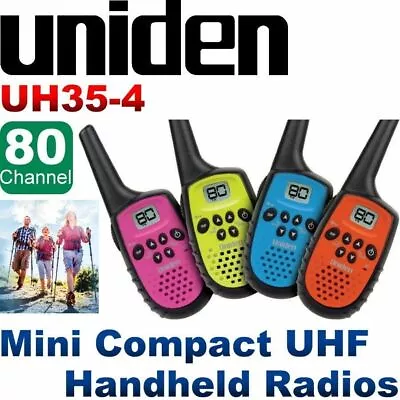 Uniden UH35-4 UHF 4 Handheld 80Ch Radio Walkie Talkies +4 Belts Quad Colour • $109.95