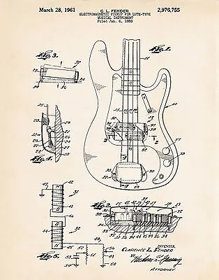 1961 Fender Precision Bass Guitar Patent Wall Art Print Gifts For Bass Players • $37.60