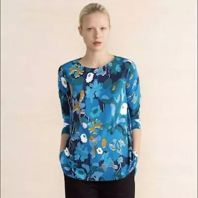 Marimekko Kolette Lagenlook Blue Floral Jersey Pullover Swing Top Relaxed Tunic • $60