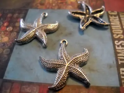 2 Large Starfish Pendants Star Fish Charms Antiqued Silver Ocean Jewelry 26mm • $3.75