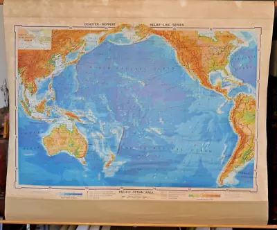 PACIFIC OCEAN AREA MAP PHYSICAL &- HUGE VINTAGE PULL DOWN SCHOOL MAP - 1960s • $150