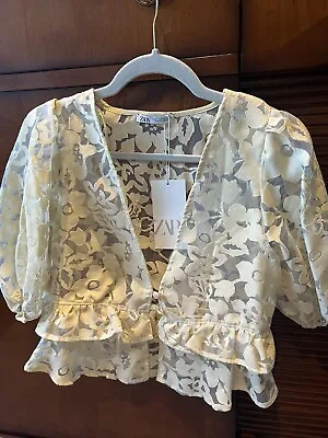 Zara Sheer Cream Lace Peplum Blouse Puff Sleeves Size S BNWT • £12