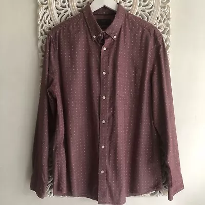 Men’s M&S Shirt Large Red Mix Geometric Pattern Laundered Oxford Long Sleeve • £10.01