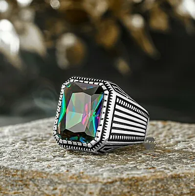 Solid 925 Sterling Silver Mystic Topaz Stone Turkish Men's Ring • $59.90
