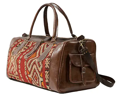 Leather  Kilim Travel Bag  Vintage Carpet Unisex Weekend BagBrownMeduim • $119