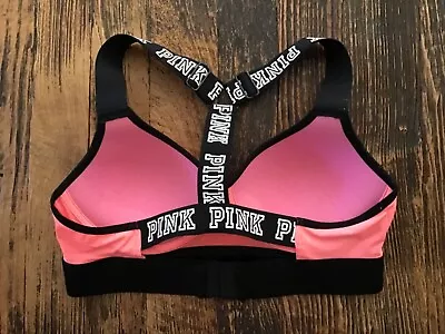 Pink Victoria’s Secret Sports Bra 34C Light Pink Push Up Black Logo Straps • $14.50